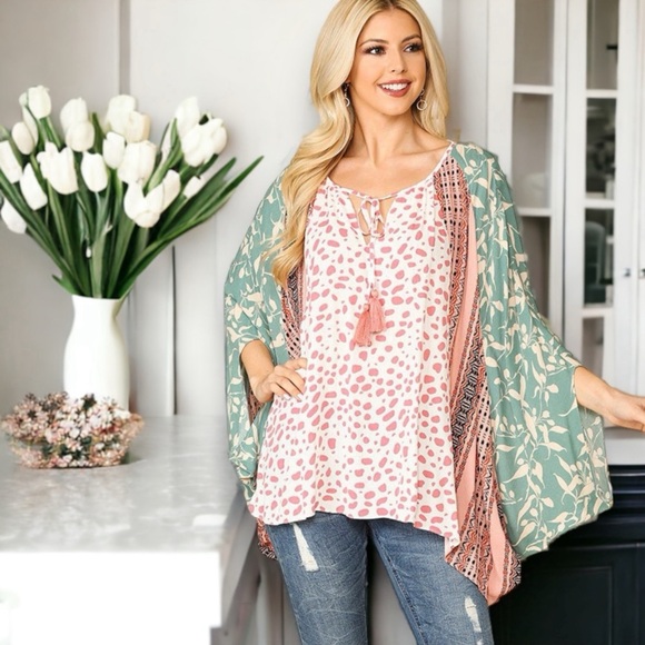 Mixed Print Dolman Sleeve Top - Picture 1 of 7